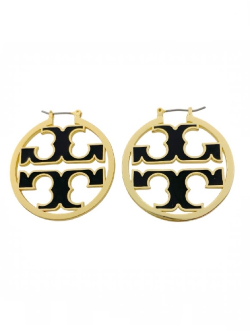 Tory Burch Gold Miller, Black Enamel, Hoop Earrings